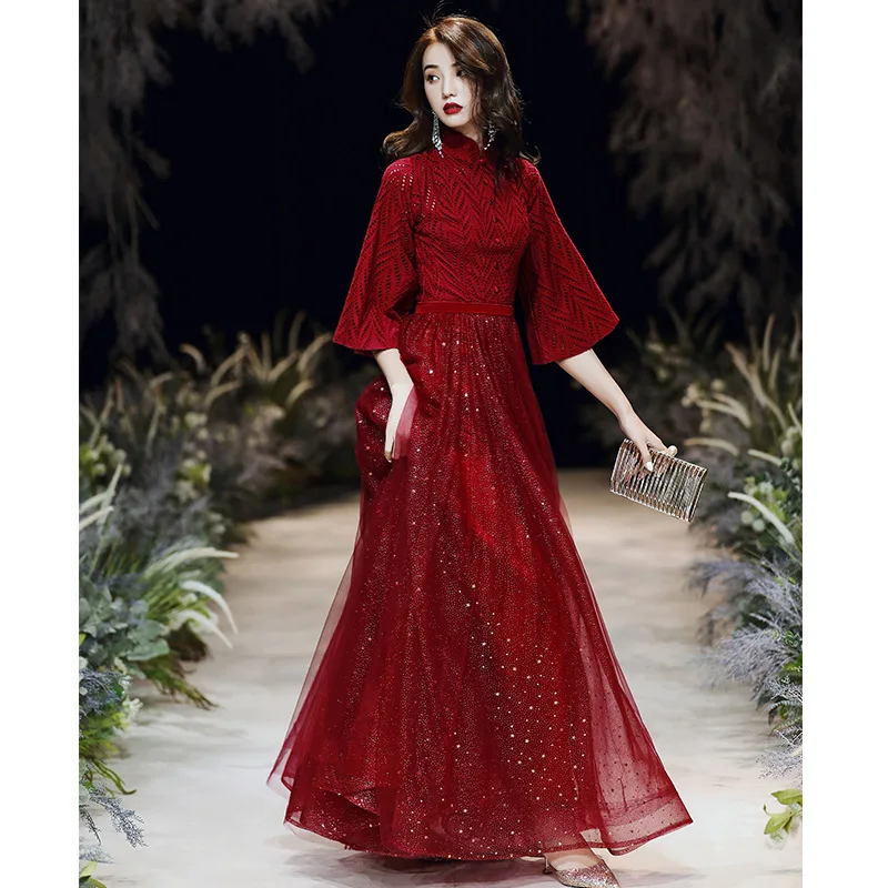 

Bride Burgundy Party Gowns Tulle A-line Evening Dress Elegant Mandarin Collar Exquisite Sequins Toast Clothing Vestido