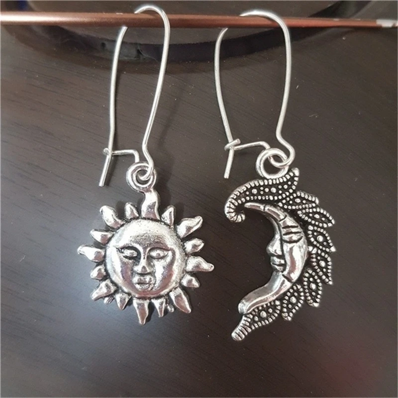 Mismatched Sun Crescent Moon Celestial Boho Pagan Silver Color Hook Earrings Novelty Gifts, Weird Gifts, Weird Jewelry