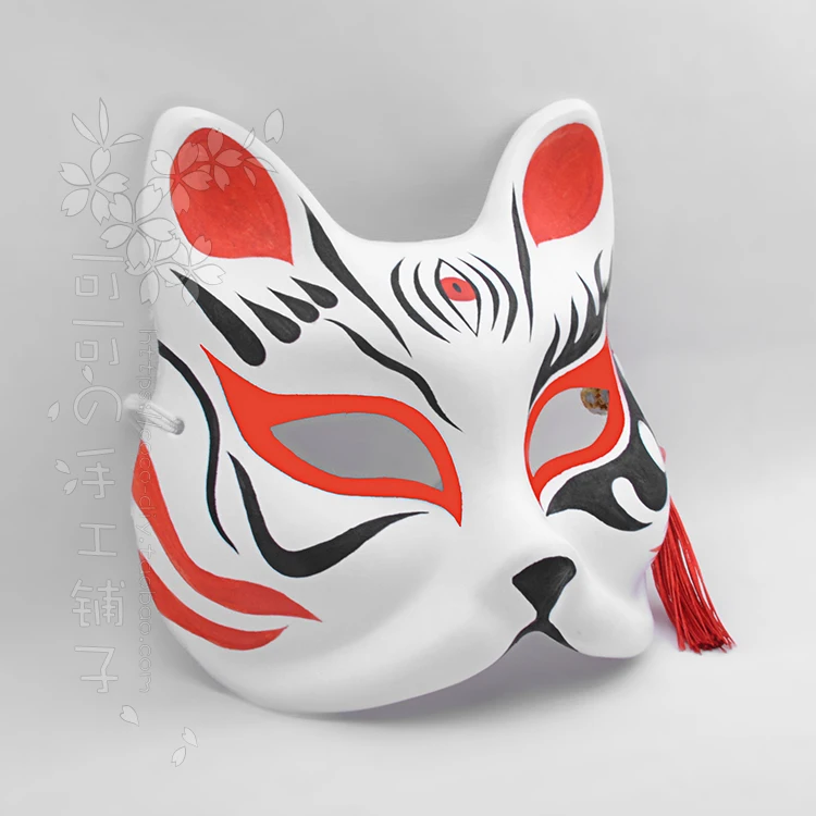 Fox Cat Mask Hand-Painted Japanese Style Cos Anime Eyes Red and Black Cosplay Eco Paper Pulp Paper