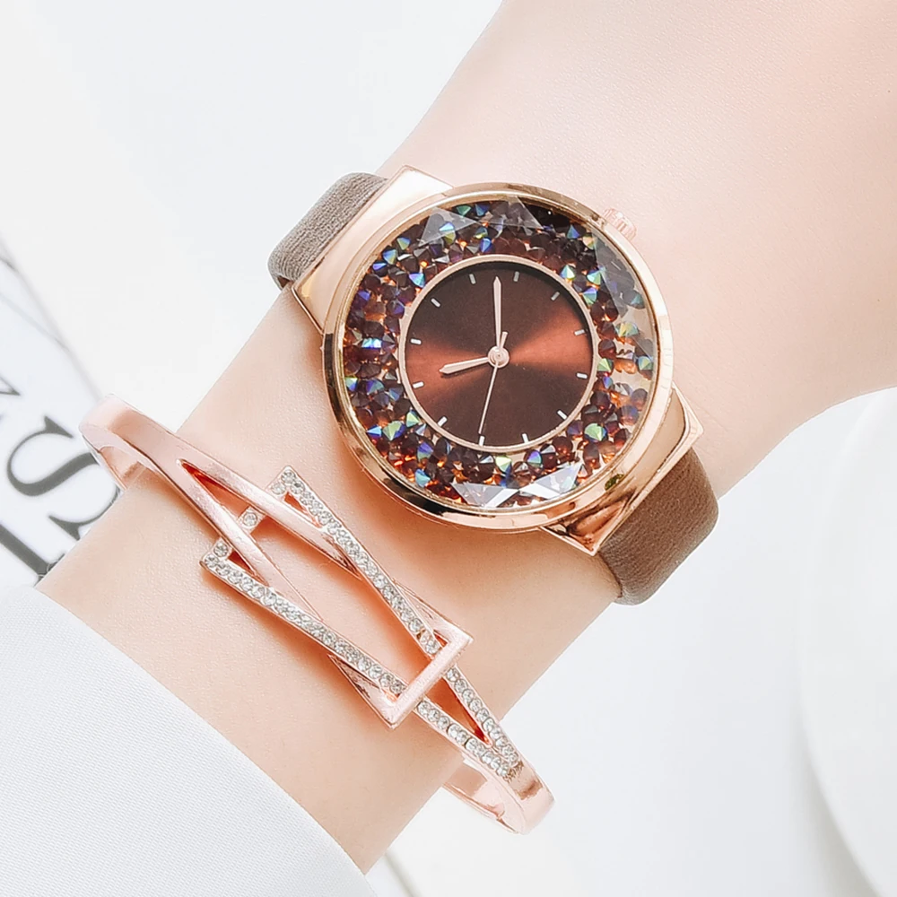 Simple Watch Women Plush Ladies Quartz Leather Strap Movable Rhinestones Watch Female Wristwatches Brown Clock Relogio Feminino