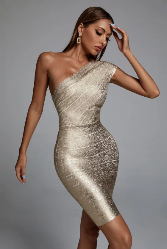 High Quality Celebrity One Shoulder Foiling Gold Print Rayon Bandage Dress Elegant Club Party Dress Vestidos