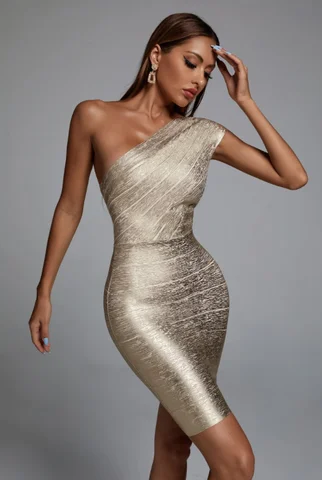 Dress High Quality Celebrity One Shoulder Foiling Gold Print Rayon Bandage Dress Elegant Club Party Dress Vestidos