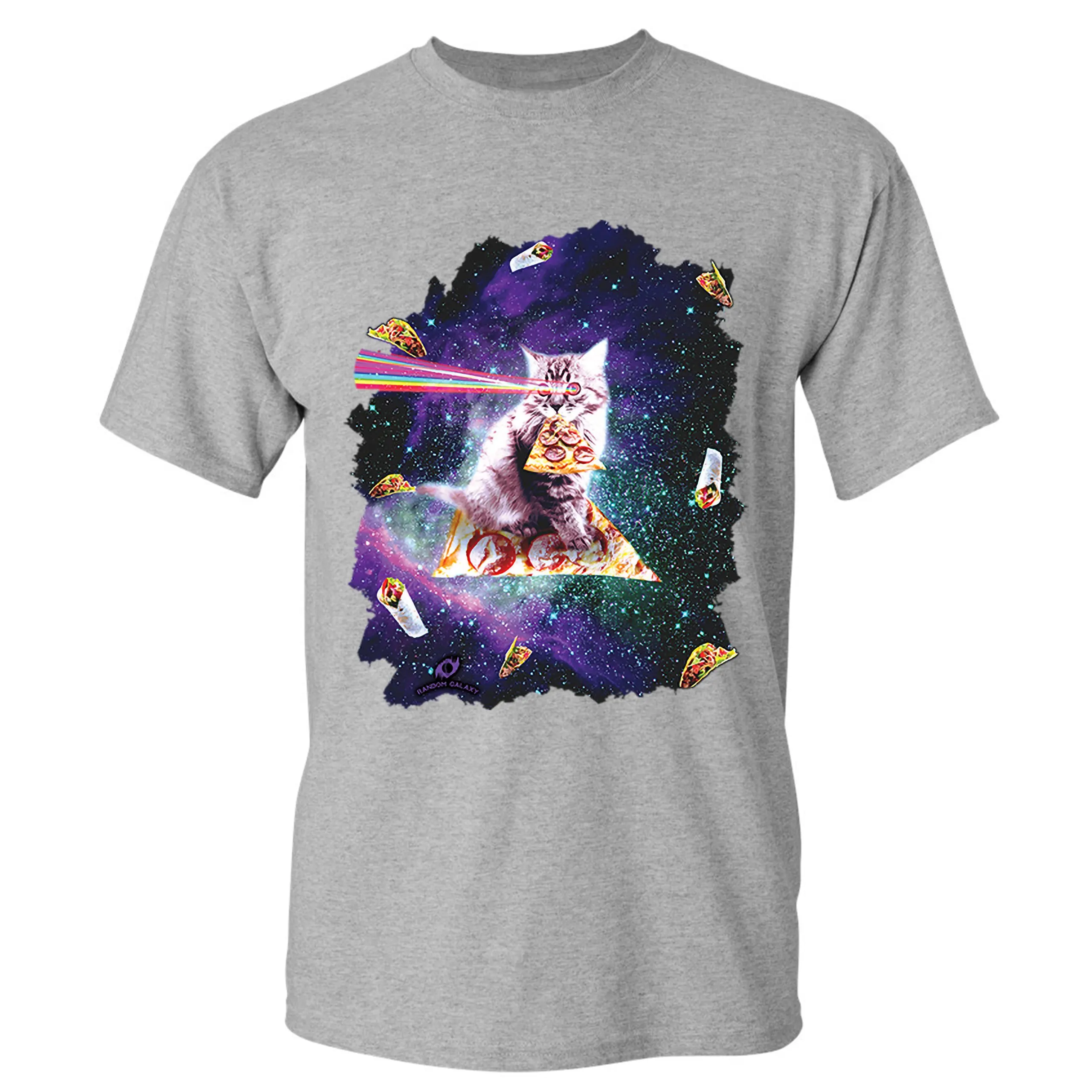 Cat Firing Rainbow Laser Riding Pizza Slice In Space. Funny Cat Graphic T-Shirt. Summer Cotton O-Neck Short Sleeve Mens T Shirt