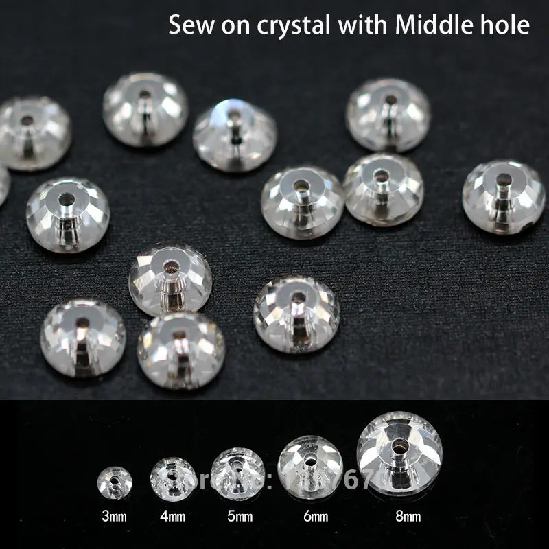 72p 3-8MM Middle hole round flatback shiny crystal glass sew on rhinestones jewels button sewing accessories wedding dress trims