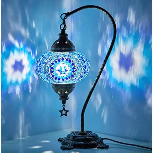 (33 Colors) LaModaHome 2019 English Moroccan Mosaic Table Lamp with US Plug & Socket, swan Neck Handmade Desk Bedside Table Nigh