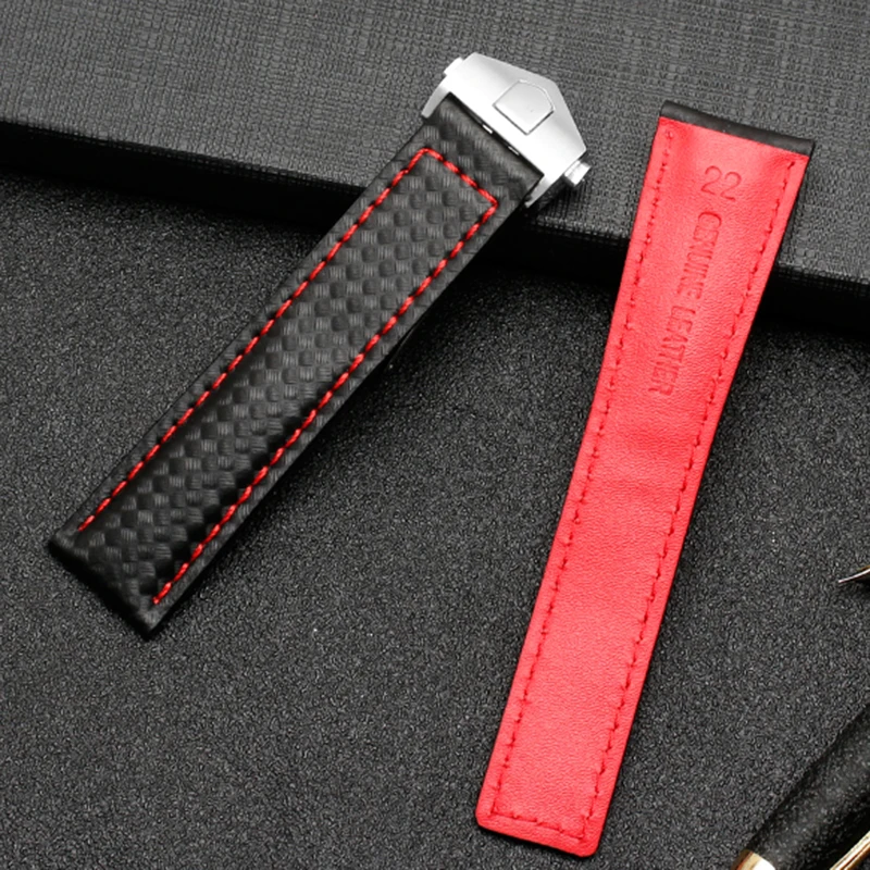 For TAG heuer  watchband Carbon fiber texture cow leather bottom BLACK RED wristband men\'s strap 20mm 22mm with folding buckle