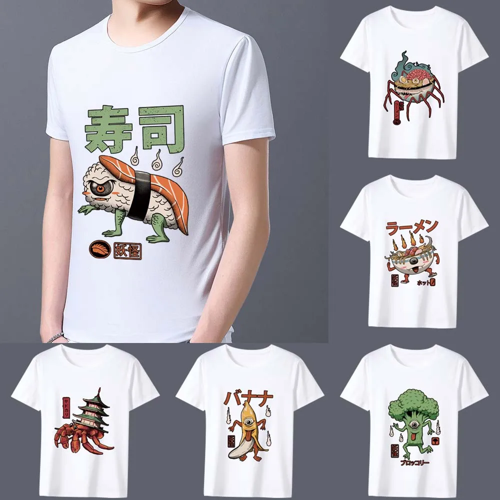 Man's White Print T-Shirt Cute Monster Pattern Series Men Tee Shirt Summer Student White Printing Male Short Sleeve Tops Clothes