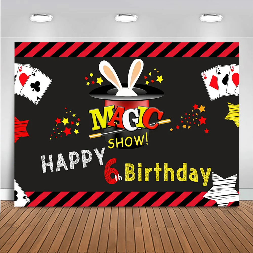 

Mocsicka Happy 6th Birthday Backdrop for Photography Magic Show Poker Birthday Party Background Decoration Stripes Little Star