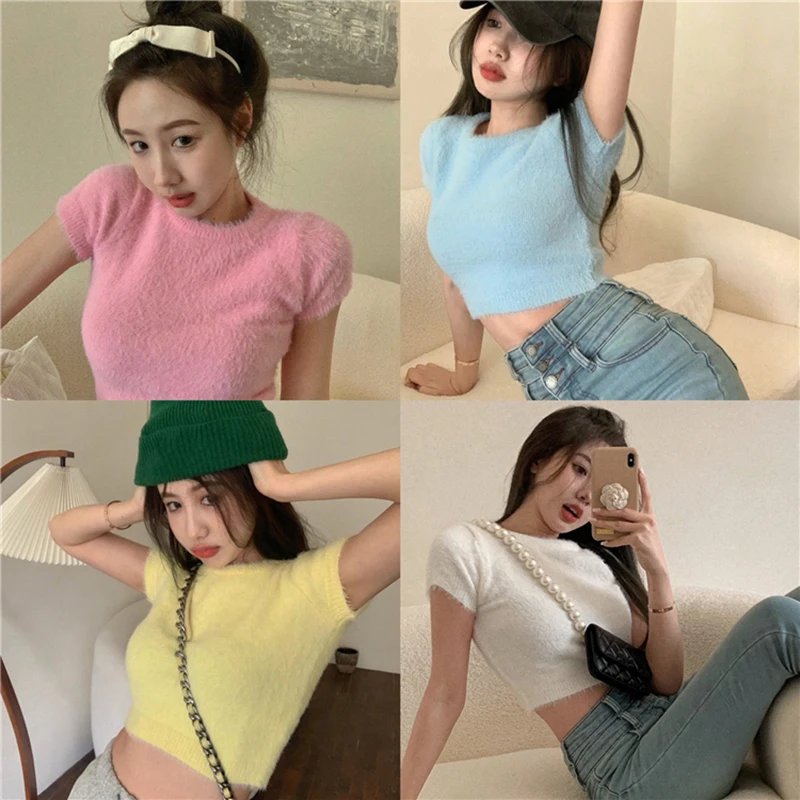 Korean Summer T-shirt Female Mink Short Sleeve Short Slim Tees 2022 Spring New White/Yellow/Pink/Blue Tops