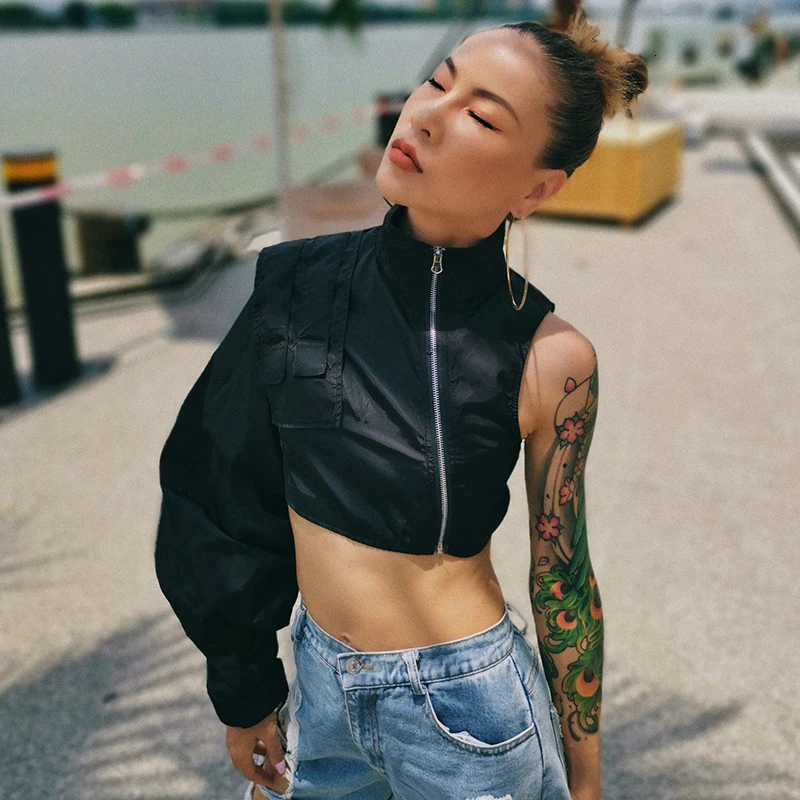 TWOTWINSTYLE Asymmetrical Short Tops For Women Stand Collar Long Sleeve Casual Streetwear Jackets Female Fashion New Clothing