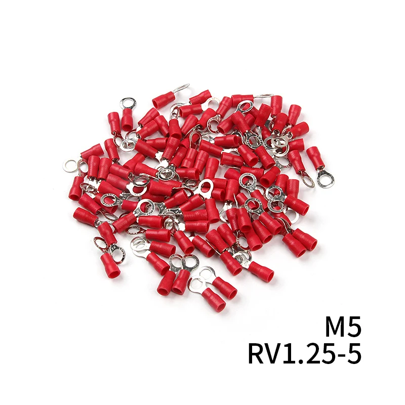 RV1.25 Ring Insulated Wire Connector 100Pcs Red 12-10 AWG Electrical Cable Crimp Termminlas Suit for 0.25-1.65mm2 Kit