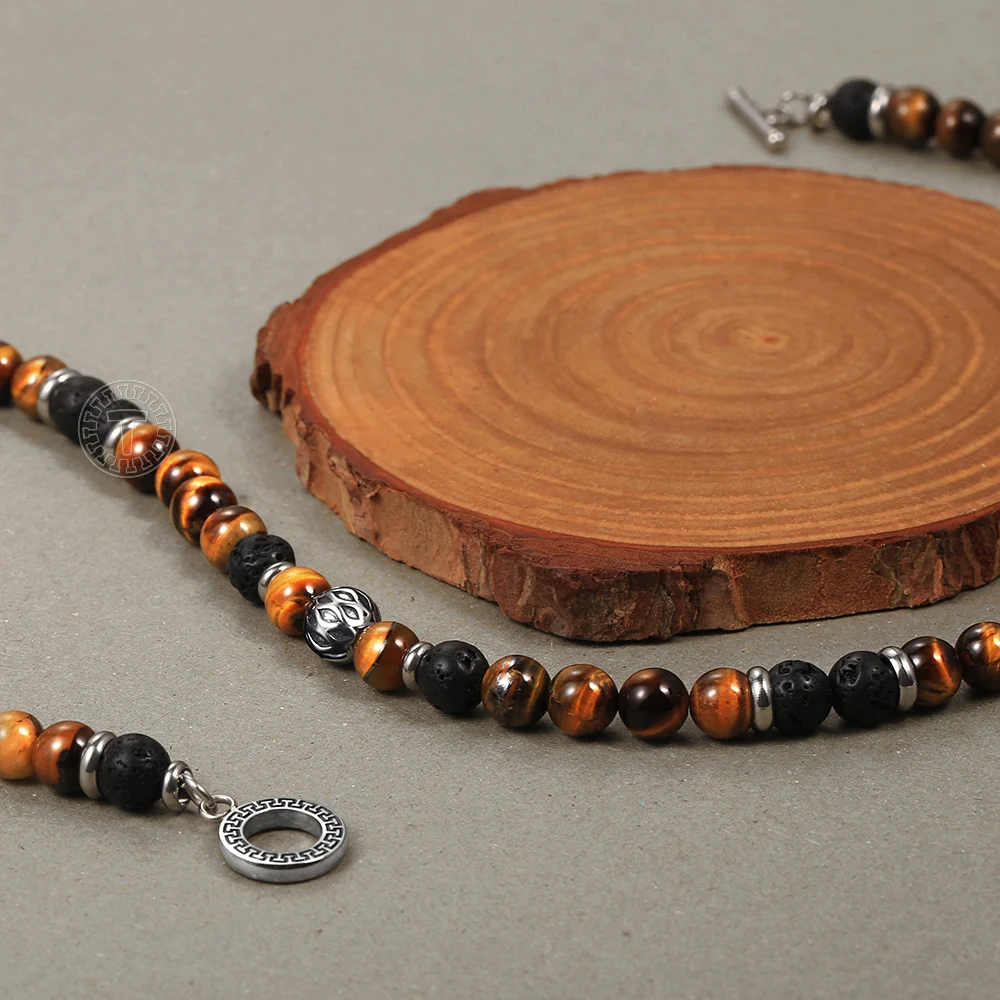 Unique Beaded Necklaces for  Mens Boy Tiger Eye Stone Lave Natural Stone Neck Male Jewelry Stainless Steel Toggle Clasp