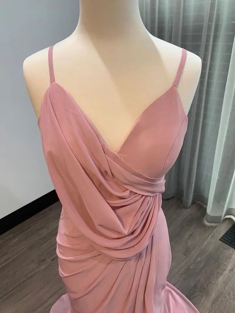 #7645 vestido de dama de honor para adultos, vestido de dama de honor con tirantes finos, cuello en V, Espalda descubierta, sin mangas, abertura moderna