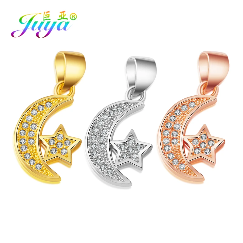 Juya DIY Islamic Muslim Prayer Jewelry Making Accessories Supplies Micro Pave Zircon Moon Star Allah Crescent Charm Pendants