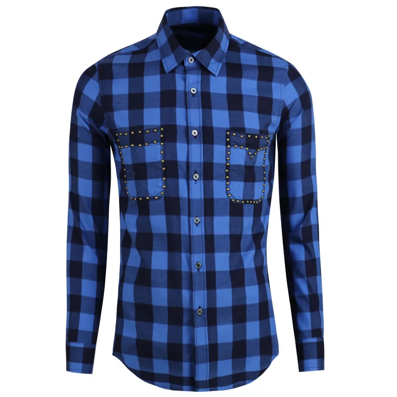 

Autumn and winter new men's long-sleeved shirts fashion casual yoko metal rivets checkered all-match men's shirts