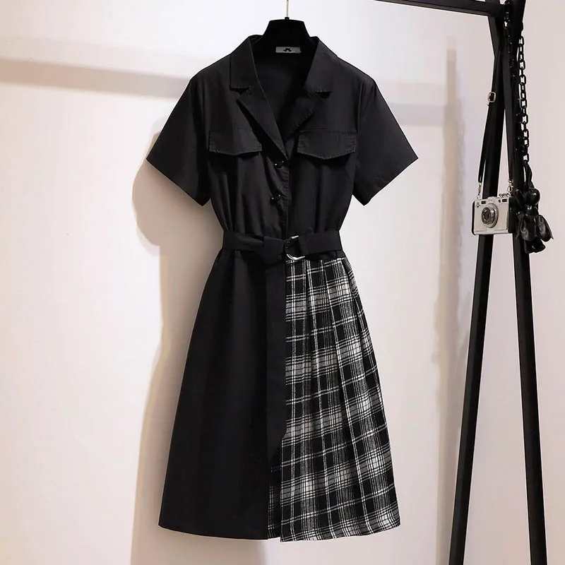 150Kg Plus Size Damska letnia sukienka z wycięciem w talii Biust 150cm 5XL 6XL 7XL 8XL 9XL Asymetryczna sukienka w kratę Czarna
