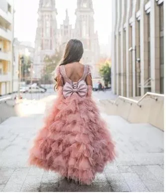 Peach Long Flower Girl Dress for Wedding Lace Up Back Backless Princess Pageant Party Gowns 1-14Y