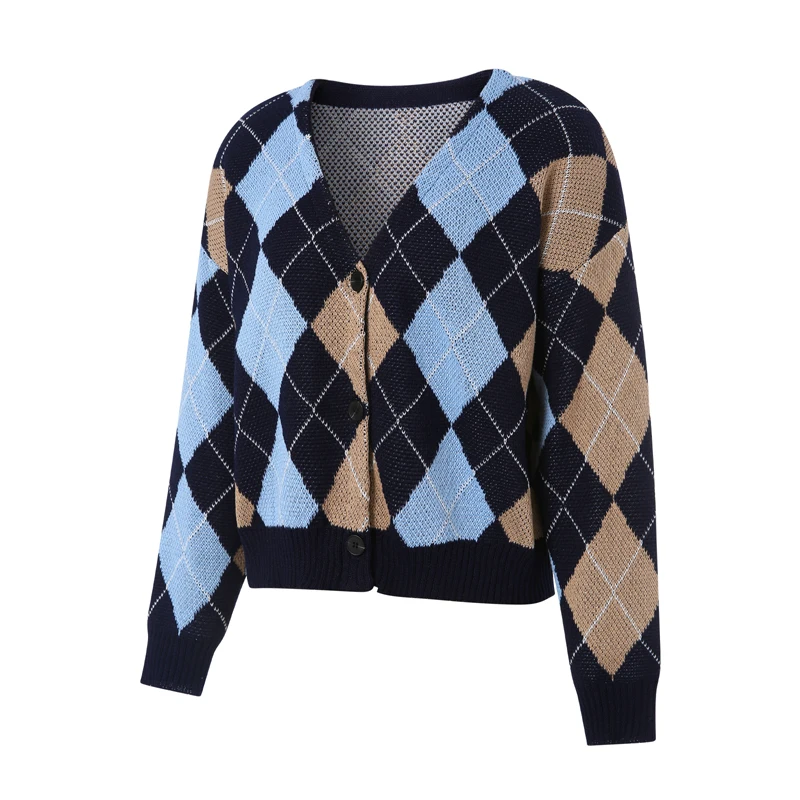 2021 Autumn Women Color Block Sweater Girls Adults Button-Down Loose Knit Argyle Print Long Sleeve V-neck Cardigan S/M/L/XL Blue