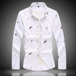 New Fall Men's Fashion Printed Casual Large Size White Black Blue Long Sleeve Shirt 5XL 6XL 7XL