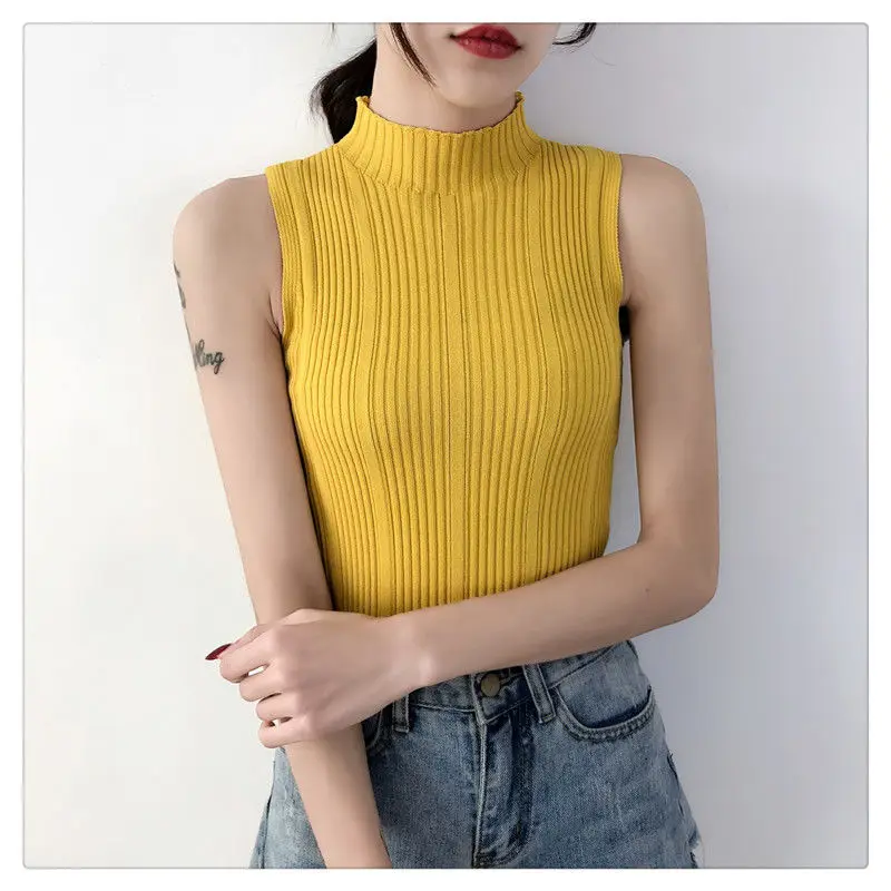 Woman TShirts Vest Women\'s Summer T-shirt Knitted Sleeveless Strap Vintage Top Crop Top Mujer Camisetas