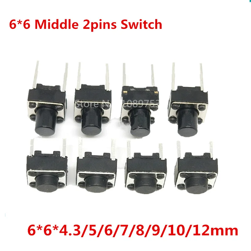 

1000Pcs 2P Tactile Switch Push Button Switches 6x6x4.3/5/6/7/8/9/10/12mm 6*6*5mm Middle Pin 2pins