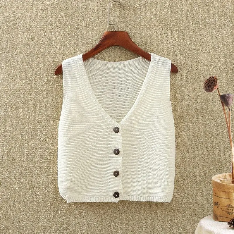 Sweater Vest Women Single Breasted Button Sleeveless V-neck Knitting Korea Solid Short Retro Streetwear Top Clothing Womens Chic