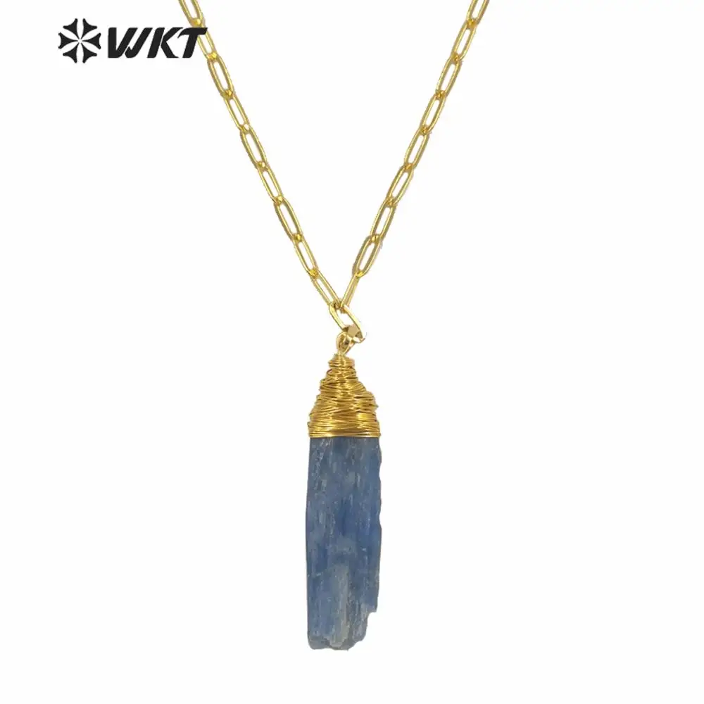 

WT-N1221 Hot Trendy Chunky Link Chain Adjustable For Women Jewelry Fashion Blue Kyanite With Wire Wrapped Pendant Necklace