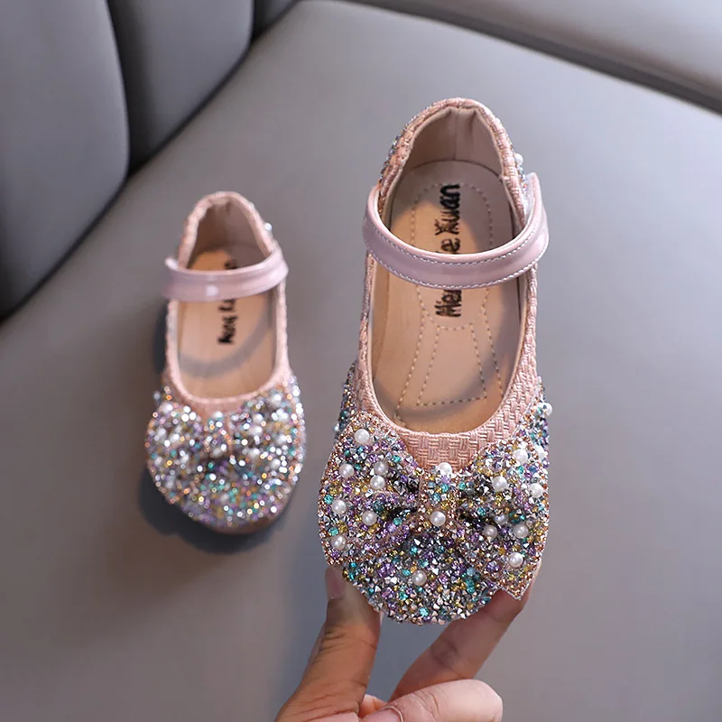 Zapatos de lentejuelas de colores con diamantes de imitación para niñas, zapatillas de princesa con pajarita, zapatos planos de baile, primavera y