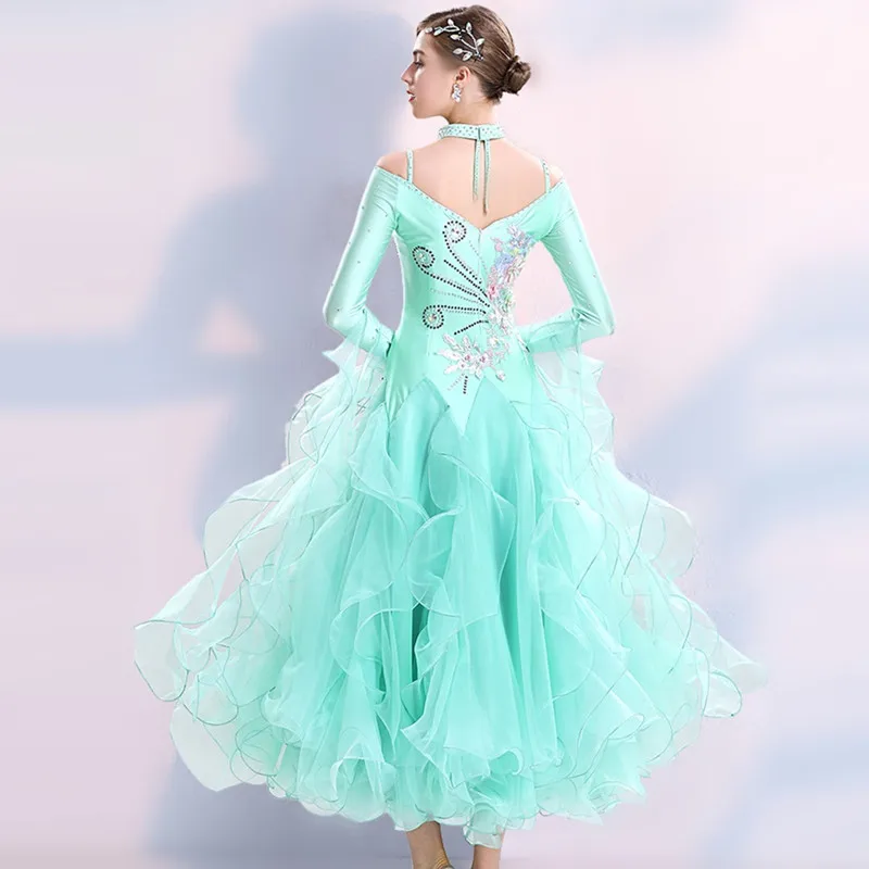 V Neck Fluffy Hemline Green Standard Ballroom Dress For Ballroom Dance Competition Dress For Dancing Clothes Rumba Dance Wear