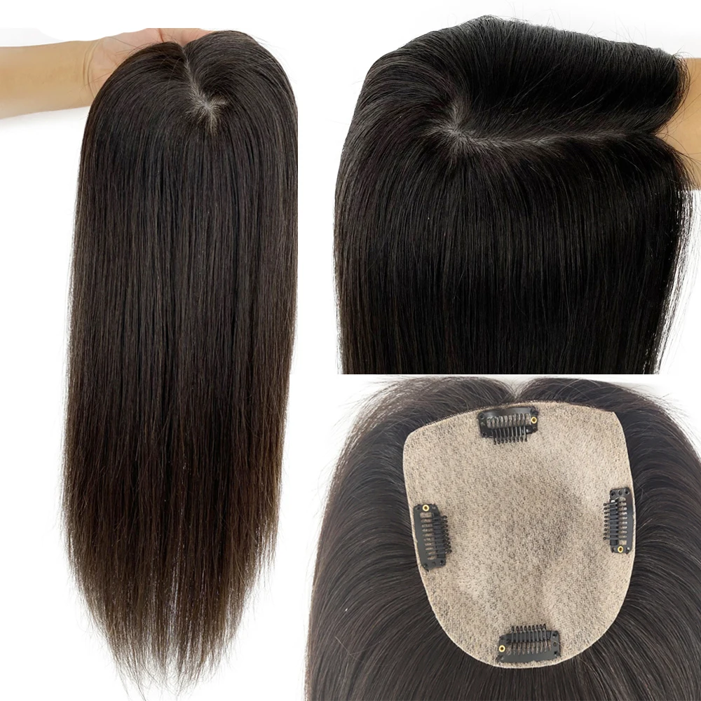 Virgin Chinese Human Hair Topper 13X12CM Natural Skin Base Silk Top Women Toupee with 4 Clips 5"x5" Same Length Hair Free Part