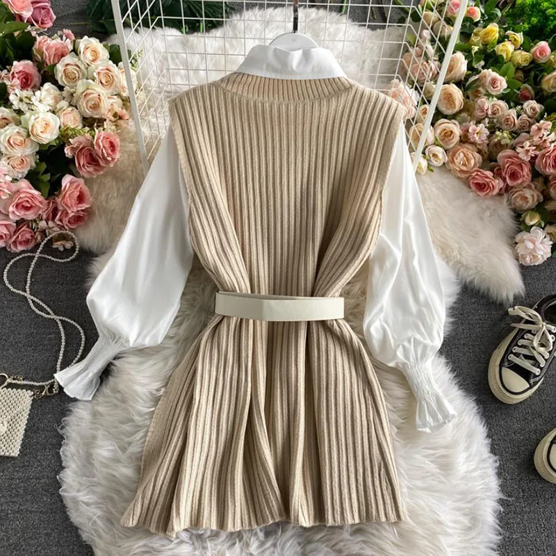 2021 Korean Spring Autumn Women Knitted Pullovers Vest + White Blouse Casual Belt Suit Two Piece Set Conjuntos Mujer