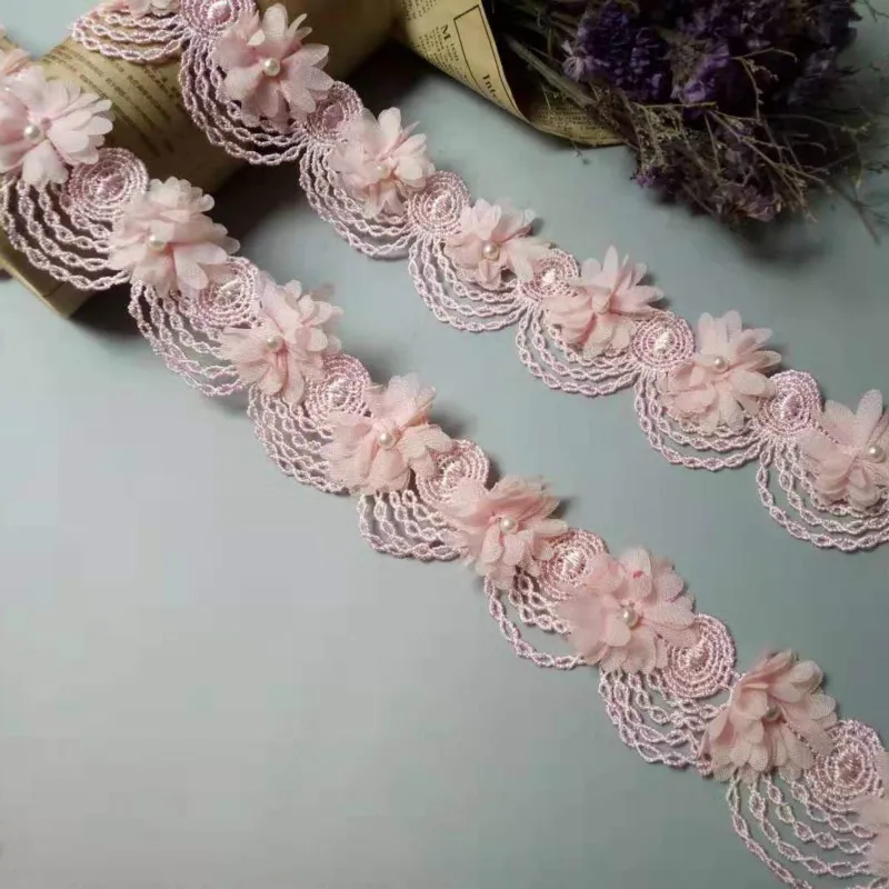 1 Yard Soluble Pink Pearl Chiffon Flower Embroidered Fabric Lace Trim Ribbon DIY Sewing Supplies Craft For Costume Decoration