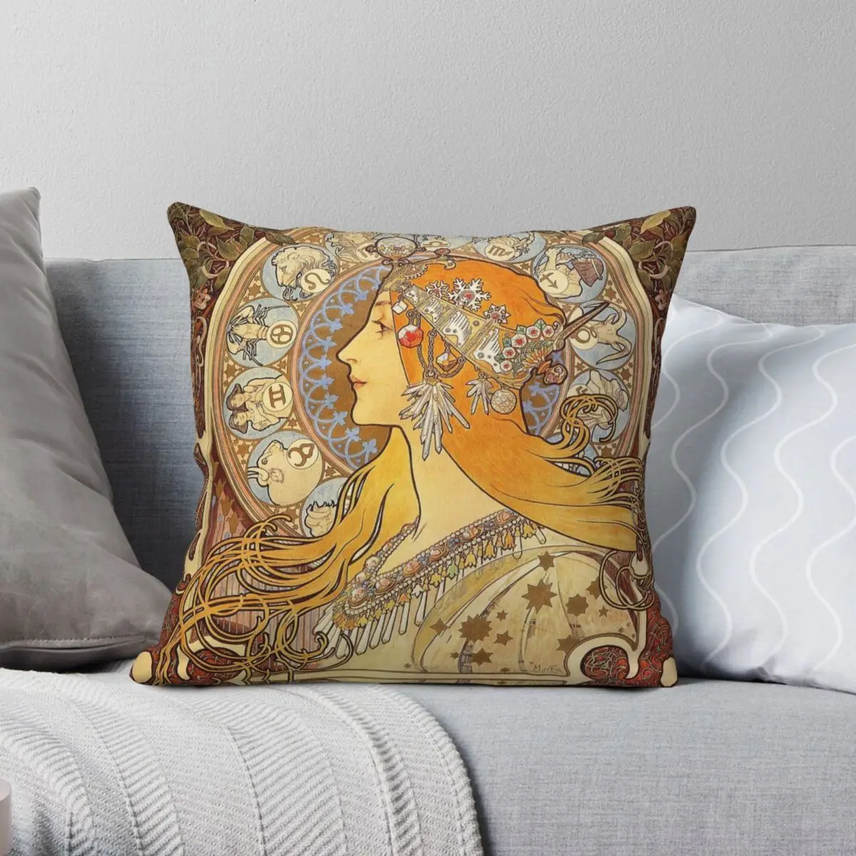 

Alphonse Mucha Zodiac Art Nouveau Woman Pillowcase Polyester Linen Velvet Creative Zip Decor Home Cushion Cover