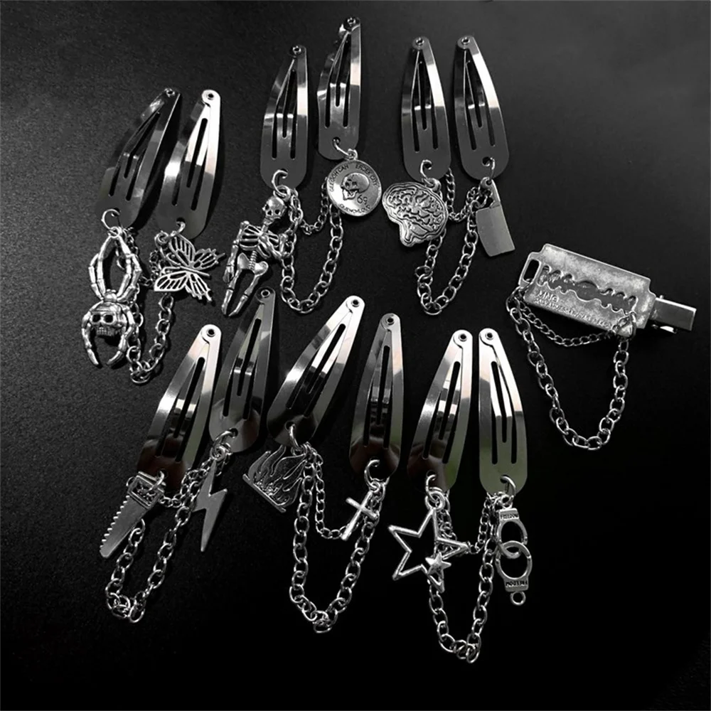 Punk Gothic Y2K Retro Hair Clips For Girls Harajuku Dark Spider Butterfly Skull Fashion Metal Chain Hairpin Accessories