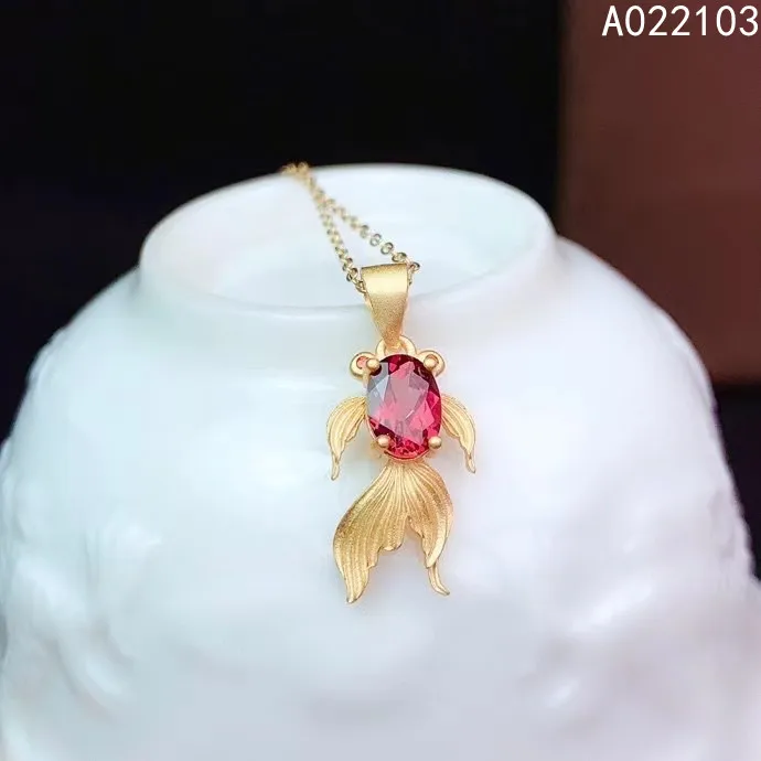 

KJJEAXCMY fine jewelry 925 Sterling Silver inlaid natural pyrope garnet Girl elegant popular gem goldfish Pendant Necklace suppo