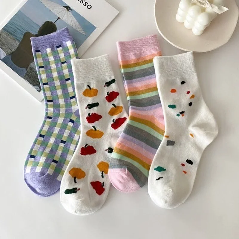 Socks Women Breathable Cute Cotton Ins Lady Soft High Elasticity Kawaii Casual Striped Fashion Daily Spring Middle Tube Harajuku