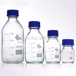 Botella de reactivo de vidrio con tapa de rosca azul, cristalería de laboratorio médico y química, capacidad de 100/250/500/1000ml, 1 unidad