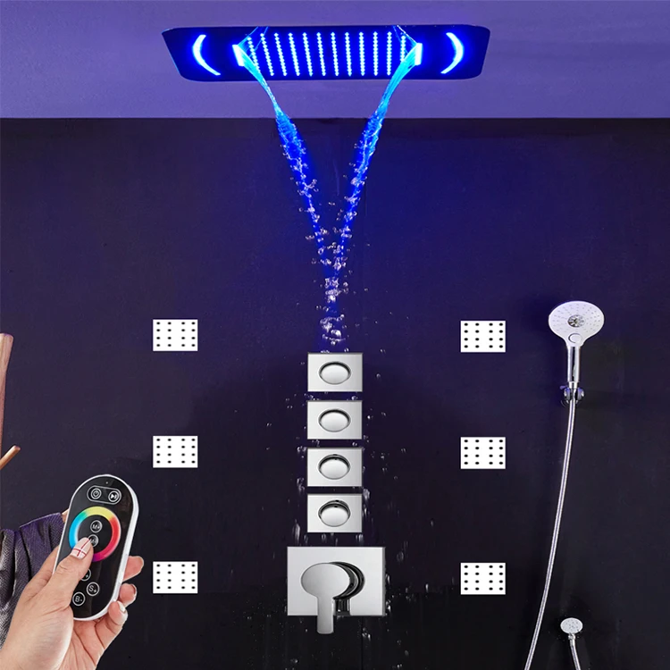 Europe new family hotel conceal waterfall 6 function shower set multi remote phone control LED light rain couple shower