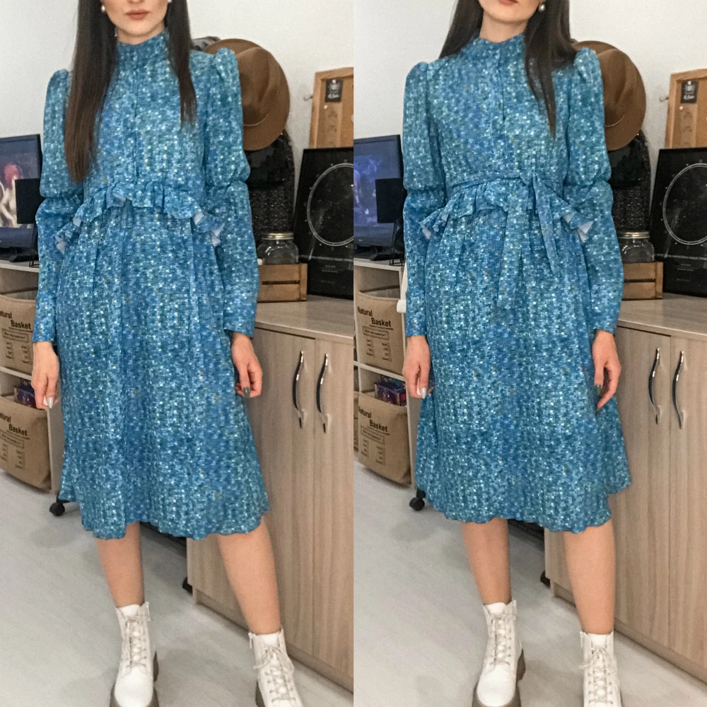 2021 Women Spring Vintage Stand Collar Long Floral Shirt Dress Full Sleeve Ruffle Waist Sashes A-line Midi Dresses