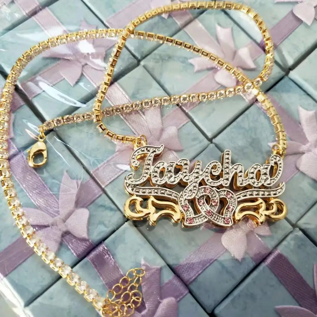 DOREMI 3D Tennis Chain Custom Name Necklace Layered Personalized Double color Nameplate Necklace Jewelry For Women Gift