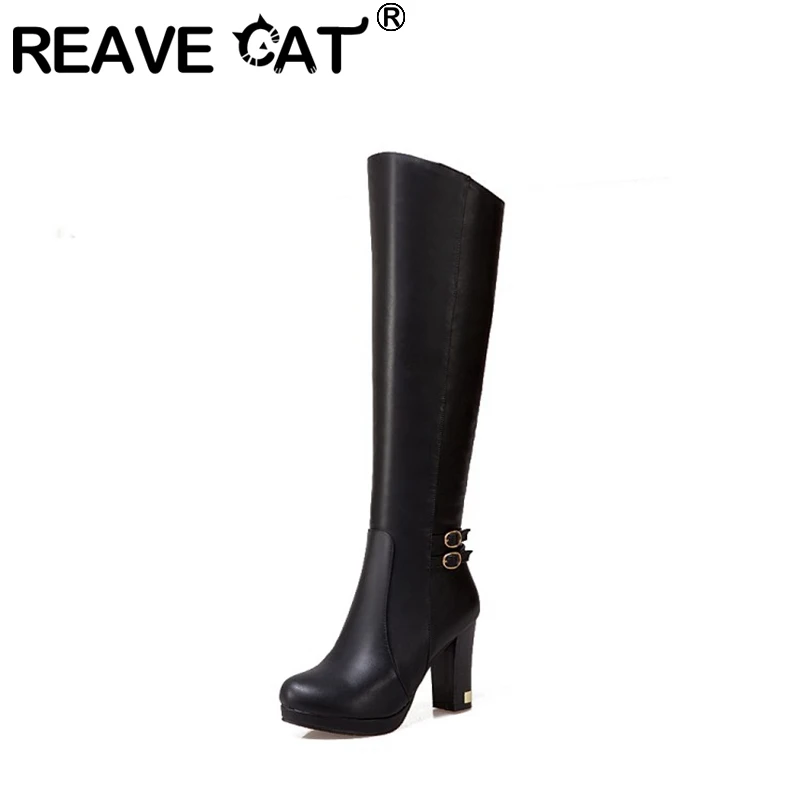 

REAVE CAT Fashion Women Over The Knee Boots Square Toe Thick High Heels Solid Color Beige Brown Black Knight Shoes F1496