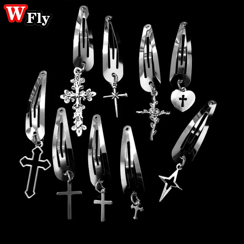 Gothic Lolita Metal Dark Punk Goth Cross Pendant Hairpin Side Clip Bangs Clip BB Hair Clip For Girls Women Halloween Accessories