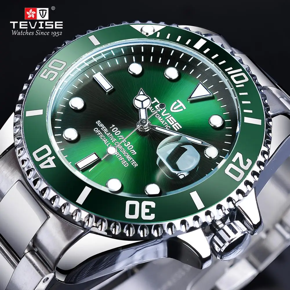 TEVISE Green Bezel Fashion Sport Waterproof Automatic Mechanical Watches Top Brand Luxury Calendar Luminous Male Clock Relogio