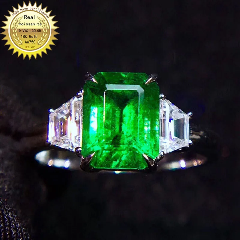 9K Gold Lab Created 2ct Emerald and 0.5ct Moissanite Diamond Ring With national certificate Em-002