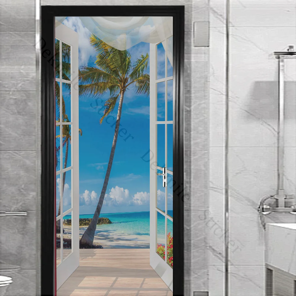 Seasons Landscape Window Stickers Door Sticker Self Adhesive PVC Waterproof Home Wall Decor Poster Decals Red Phone Booth Murals