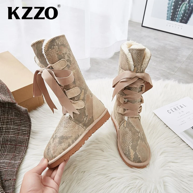 KZZO Top Quality Natural Wool Lined 100% Genuine Leather Winter Snow Boots For Women Casual Knee-high Boots Warm Shoes Non-slip