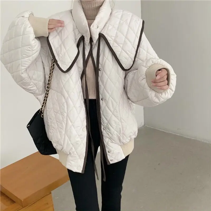 Winter Warm Cotton Jacket Woman Fashion Sweet Elegant French Niche Style Peter Pan Collar Retro Gentle Fairy Down Padded Jackets