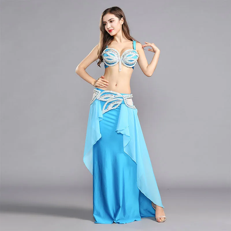 Women rhinestone blue belly dancing outfit performance dancing BRA belt skirt belly dance costumes professional dance dress set