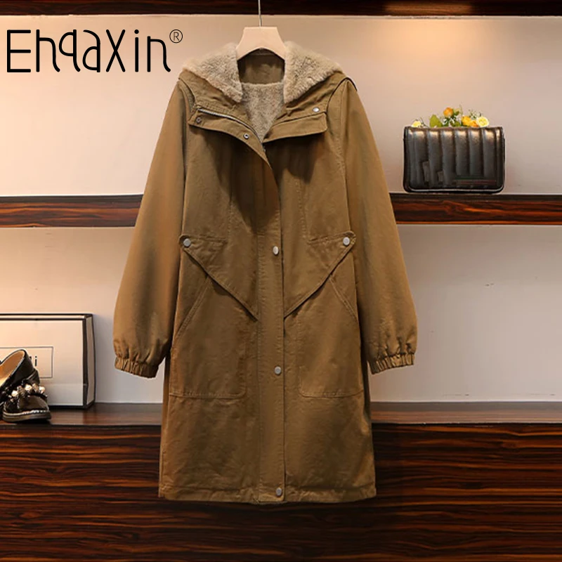 

EHQAXIN Winter Women's Cotton-Padded Jacket Casual Hooded Mid-Length Loose Plus Velvet Thickes Coats Clothing L-4XL