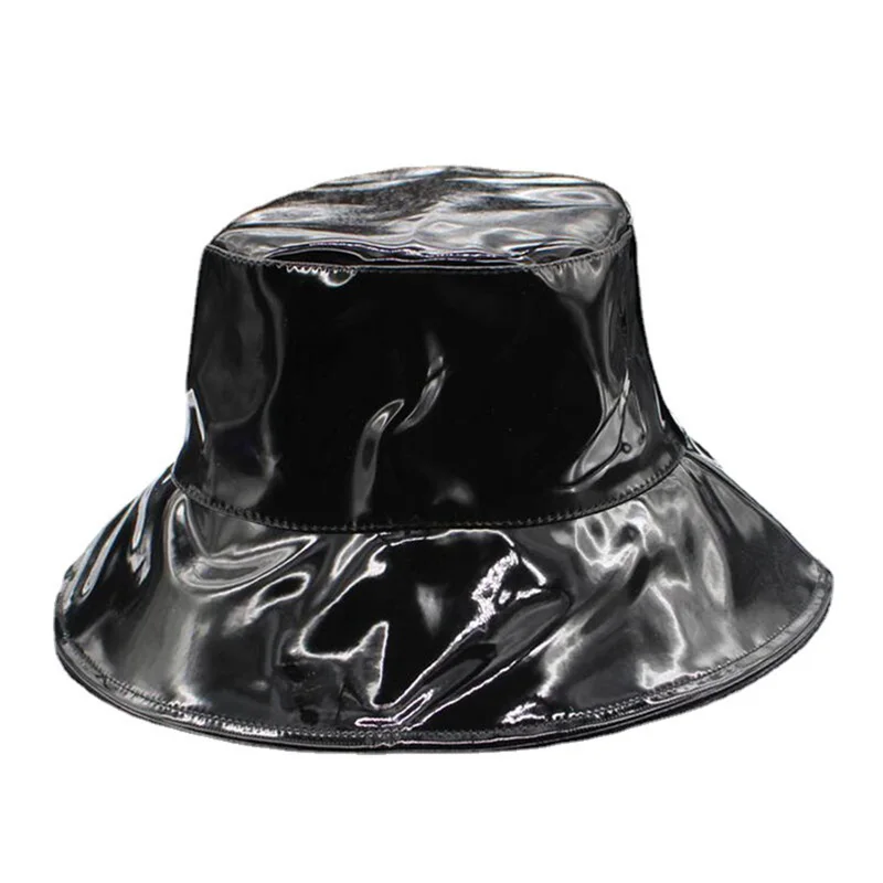 Men Women Summer Travel Beach Bucket Sun Cap Unisex Glossy Patent Leather Big Wide Brim UV Sunscreen Hip Hop Fisherman Hat R50